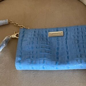 NEW BRAHMIN PALE BLUE CROCODILE EMBOSSED small wristlet clutch purse with tassel